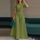 SC Plus Size Short Sleeve Solid Color Top Two Piece Pants Set GHMF-29854