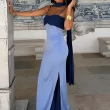 SC Plus Size Contrast Color Scarf Collar Camisole Maxi Dress GHMF-30688