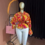SC Printed Tie Up Ruched Shirt GCNE-75949
