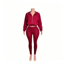 SC Zipper Hooded Solid Color Coat Two Piece Pants Set GFCF-1605