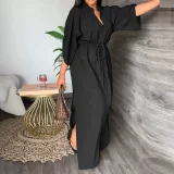 SC Plus Size Solid Color Bat Sleeve Split Maxi Dress GHMF-8849