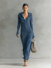 SC Long Sleeve Hooded Knits Maxi Dress GMYS-XY6037