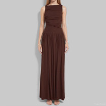 SC Plus Size Sleeveless Solid Color Pleated Maxi Dress GHMF-28818
