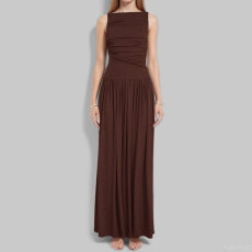 SC Plus Size Sleeveless Solid Color Pleated Maxi Dress GHMF-28818