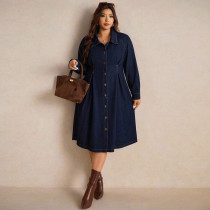 SC Plus Size Long Sleeve Lapel Denim Midi Dress GDAM-218852