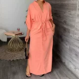 SC Plus Size Solid Color Bat Sleeve Split Maxi Dress GHMF-8849