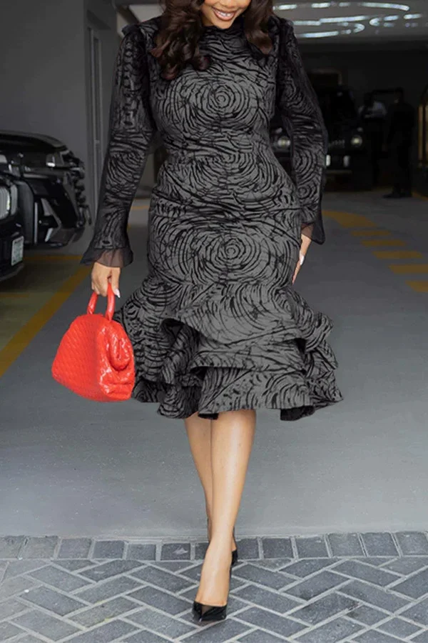 SC Plus Size Long Sleeve Printed Mesh Patchwork Midi Dress GLXY-23-1120