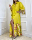 SC Plus Size Lace Patchwork Tie Up 3/4 Sleeve Shirt Dress GLXY-4805