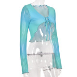 SC Contrast Color Mesh Tie Up Tops GNZD-XF5342