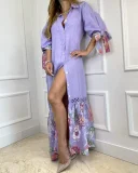 SC Plus Size Lace Patchwork Tie Up 3/4 Sleeve Shirt Dress GLXY-4805