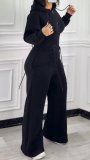 Solid Color Ruched Hooded Sport Two Piece Pants Set CM-60107