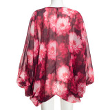 SC Printed V Neck Lantern Sleeve Top GDSF-Q26TP232