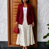SC Plus Size Solid Color Blazer Coat+Polka Dot Long Skirt Suit GCZF-8680