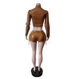 SC PU Leather Tie Up Two Piece Shorts Set MEM-88727