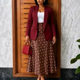SC Plus Size Solid Color Blazer Coat+Polka Dot Long Skirt Suit GCZF-8680