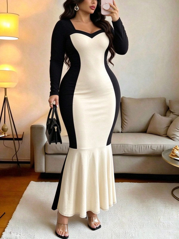 SC Plus Size Contrast Color Long Sleeve Maxi Dress GAWE-6805