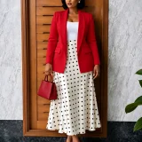 SC Plus Size Solid Color Blazer Coat+Polka Dot Long Skirt Suit GCZF-8680