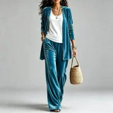 SC Solid Color Long Sleeve Cardigan Two Piece Pants Set GQLK-66023