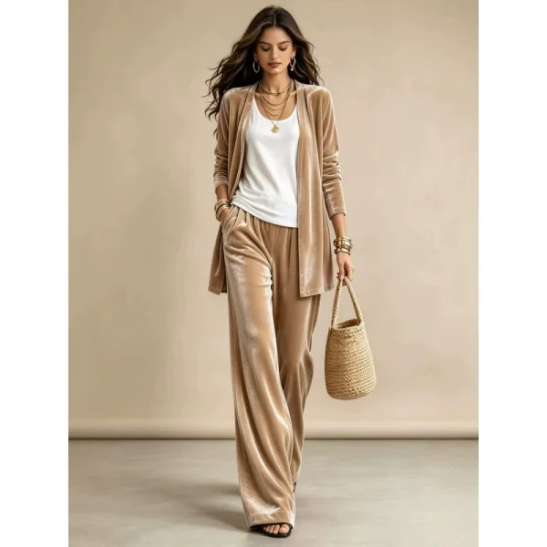 SC Solid Color Long Sleeve Cardigan Two Piece Pants Set GQLK-66023
