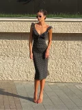 SC Deep V Neck Polka Dots Printed Midi Dress GAXB-D675DS