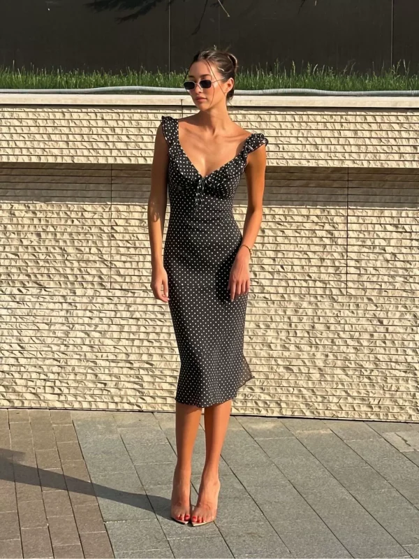SC Deep V Neck Polka Dots Printed Midi Dress GAXB-D675DS