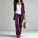 SC Solid Color Long Sleeve Cardigan Two Piece Pants Set GQLK-66023