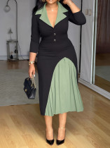 SC Contrast Color Lapel Peated Midi Dress GYLY-10948