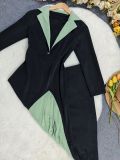 SC Contrast Color Lapel Peated Midi Dress GYLY-10948
