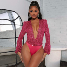 SC Deep V Neck Sequin Bodysuit GNZD-6896TR