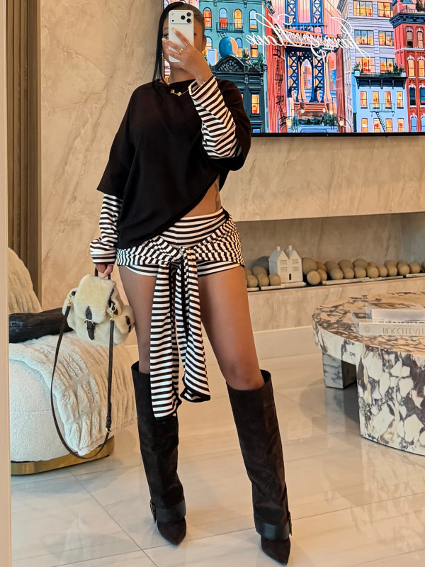 SC Long Sleeve Stripe Patchwork Two Piece Short Set CH-26053