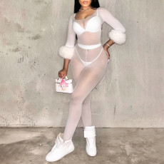 SC See Through Mesh Fur Sleeve Two Piece Pants Set MXBF-Q26ST253