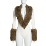 SC Deep V Neck Fur Patchwork Bodysuit GDSF-Q26BS256
