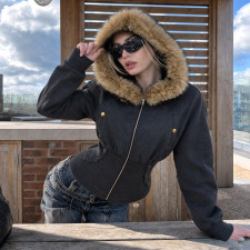 SC Fur Hooded Zipper Long Sleeve Jackets Coat GPKJ-MR52516