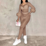 SC See Through Mesh Fur Sleeve Two Piece Pants Set MXBF-Q26ST253