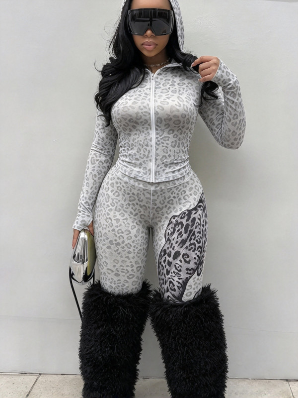 SC Leopard Printed Hoodies Two Piece Pants Set YWXS-K26L3058