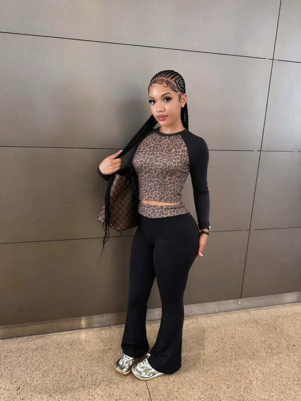 SC Leopard Printed Sport Two Piece Pants Set YWXS-K26L3082
