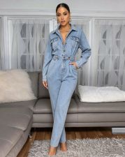 SC Long Sleeve Lapel Denim Jumpsuit OSM-4509