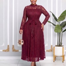SC Plus Size Lace Patchwork Long Sleeve Maxi Dress GATE-653
