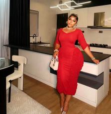 SC V Neck Ruched 3/4 Sleeve Midi Dress GMYU-11505