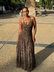 SC Mesh Leopard Printed V Neck Sling Maxi Dress GMYU-10568