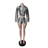 SC Snake Printed Long Sleeve Two Piece Shorts Set MEM-88731