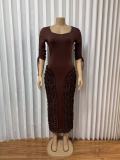 SC V Neck Ruched 3/4 Sleeve Midi Dress GMYU-11505