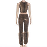 SC Fluffy Patchwork Sexy Vest Two Piece Pants Set XEF-K6S15085A