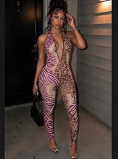SC Deep V Neck Halterneck Mesh Leopard Jumpsuit GTGE-MH1039