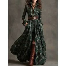 SC Plaid Printed Long Sleeve Maxi Dress(With Belt) GQLK-5505
