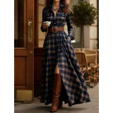 SC Plaid Printed Long Sleeve Maxi Dress(With Belt) GQLK-5505