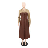 SC Contrast Color Leather Patchwork Midi Dress GYLY-10968