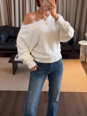 SC Lace Patchwork Slash Shoulder Knits Top YWXS-K26L3112