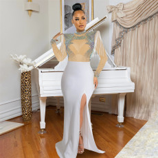 SC Mesh Hot Drill Long Sleeve Split Maxi Dress CYA-901548
