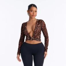 SC Leopard Printed Deep V Neck Top MXBF-J26TP482
